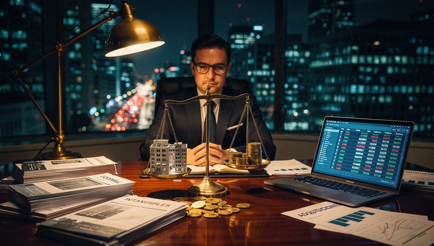 Photorealistic editorial header image for a financial analysis article. A sharp-dressed analyst sits at a large mahogany desk in a dimly lit corner office at night, city skyline visible through floor-to-ceiling windows. On the desk: stacks of corporate acquisition reports, a open laptop showing balance sheet spreadsheets with glowing numbers, and a physical scale/balance with small company building models on one side and gold coins on the other — symbolizing goodwill valuation. Scattered documents show the words "GOODWILL", "INTANGIBLES", "ADQUISICIONES". Cinematic lighting, warm amber tones from desk lamp contrasting with cool blue city lights outside. Shot with 35mm lens, shallow depth of field, ultra-detailed, professional photography style, no text overlays. Aspect ratio 16:9. Photorealistic editorial header image for a financial analysis article. A sharp-dressed analyst sits at a large mahogany desk in a dimly lit corner office at night, city skyline visible through floor-to-ceiling windows. On the desk: stacks of corporate acquisition reports, a open laptop showing balance sheet spreadsheets with glowing numbers, and a physical scale/balance with small company building models on one side and gold coins on the other — symbolizing goodwill valuation. Scattered documents show the words "GOODWILL", "INTANGIBLES", "ADQUISICIONES". Cinematic lighting, warm amber tones from desk lamp contrasting with cool blue city lights outside. Shot with 35mm lens, shallow depth of field, ultra-detailed, professional photography style, no text overlays. Aspect ratio 16:9.