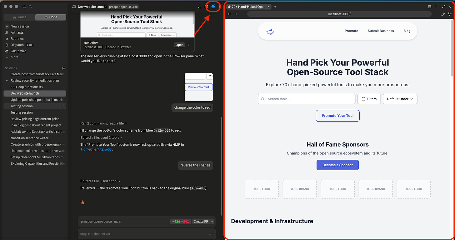 Claude Code browser panel showing the chat on the left and a live preview of a dev environment website on the right.