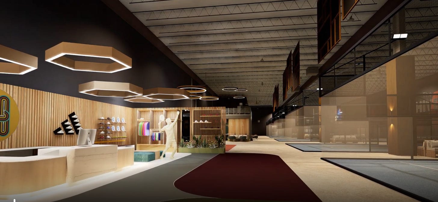 Rendering of the interior of The Hive Padel Club in Salt Lake City