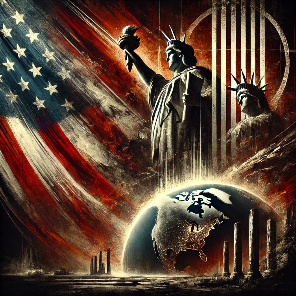 A sylistic image of decaying Greek columns in the foreground, with the American flag draped behind the world in the middle of the picture. The Statue of Liberty stands darkly, looking away from America.