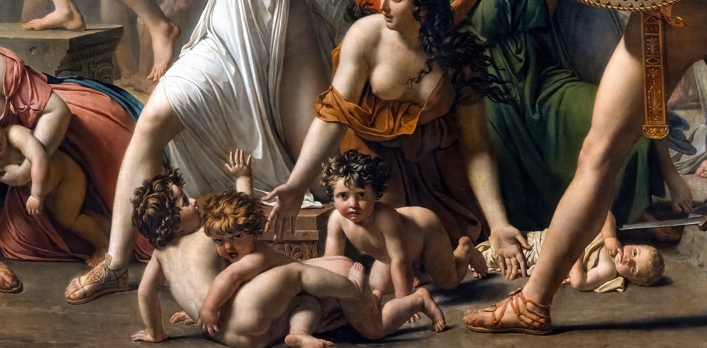 Jacques Louis David, The Intervention of the Sabine Women, 1799, Louvre, Paris. Detail: the children in the foreground. Jacques Louis David, The Intervention of the Sabine Women, 1799, Louvre, Paris. Detail: the children in the foreground.