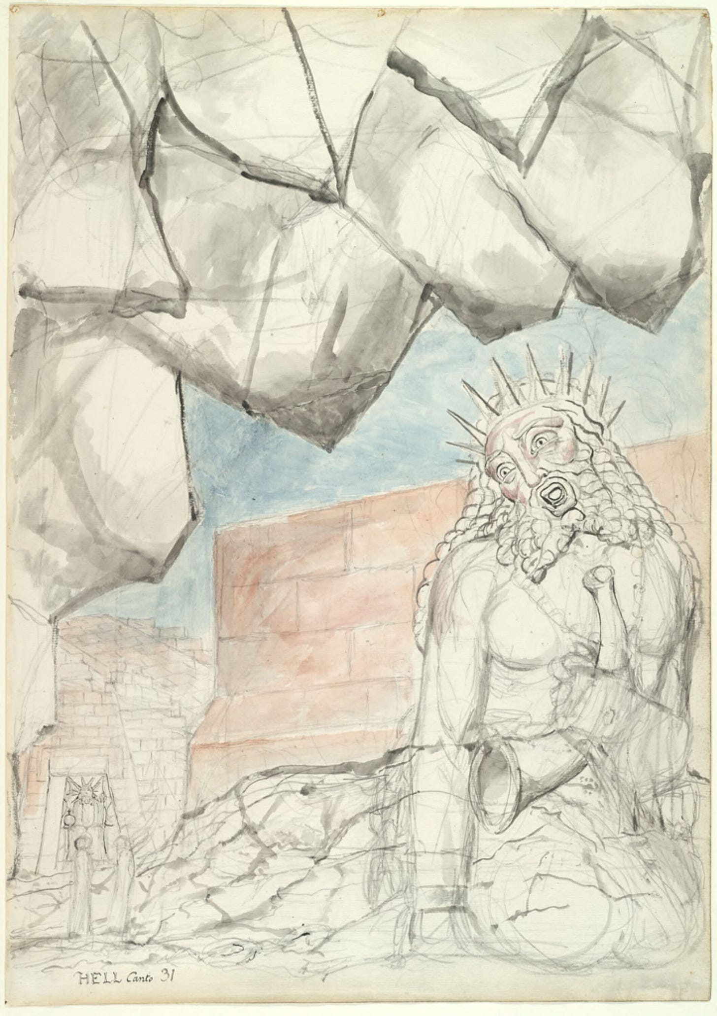 A giant holding a horn kneels beneath a stone archway. A giant holding a horn kneels beneath a stone archway.