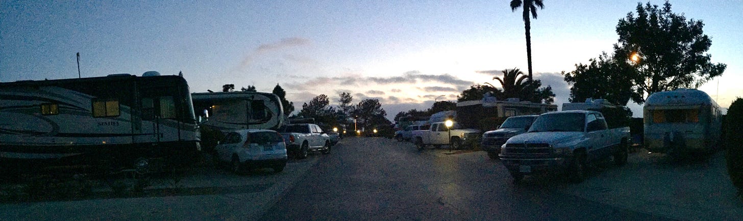 View of the Chula Vista RV Park at sunset. Most of the RVs were gigantic new rigs. My little Silver Streak was dwarfed by their massiveness.
