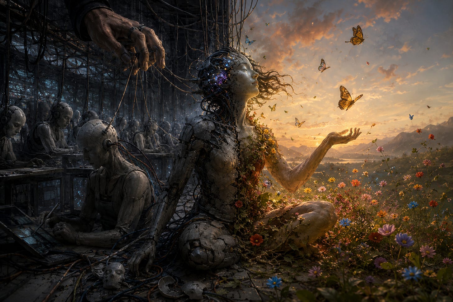 A biomechanical figure sits between a gray industrial machine world and a sunlit field of flowers, as tangled wires give way to butterflies, warmth, and breath.