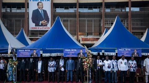 The leaders of the ruling party in Cameroon, the RDPC, at an electoral rally in support of President Paul Biya in front of Yaounde City Hall, October 2018.