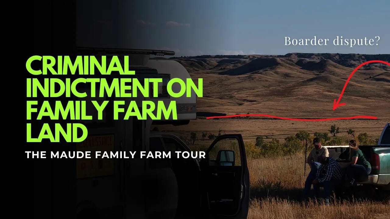 Wide view of rolling ranch land in South Dakota with a pickup truck and people standing near a fence line, overlaid with text reading “Criminal indictment on family farm land” and an arrow pointing toward a boundary area in the distance.