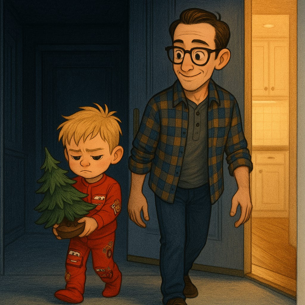 A father and son walk into a warmly lit kitchen from a dark garage at night. The young boy, wearing red Lightning McQueen pajamas, looks upset and clutches a small, scruffy tabletop Christmas tree. Behind him, the father, wearing glasses and a plaid flannel shirt over a henley, follows with a gentle expression.
