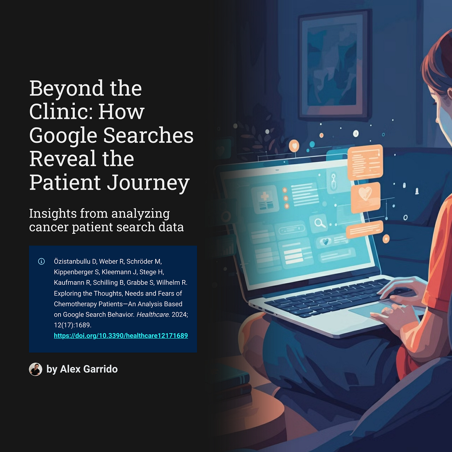 Infographic titled 'Beyond the Clinic: How Google Searches Reveal the Patient Journey' with a person on a laptop. The infographic highlights research by Özistanbullu et al. (2024) on analyzing cancer patient search data to understand their thoughts, needs, and fears.