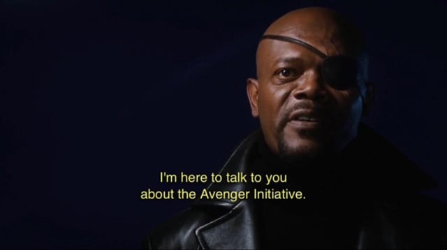 Samuel L. Jackson in a Marvel movie. The screen caption reads, "I'm here to talk to you about the Avenger Initiative."