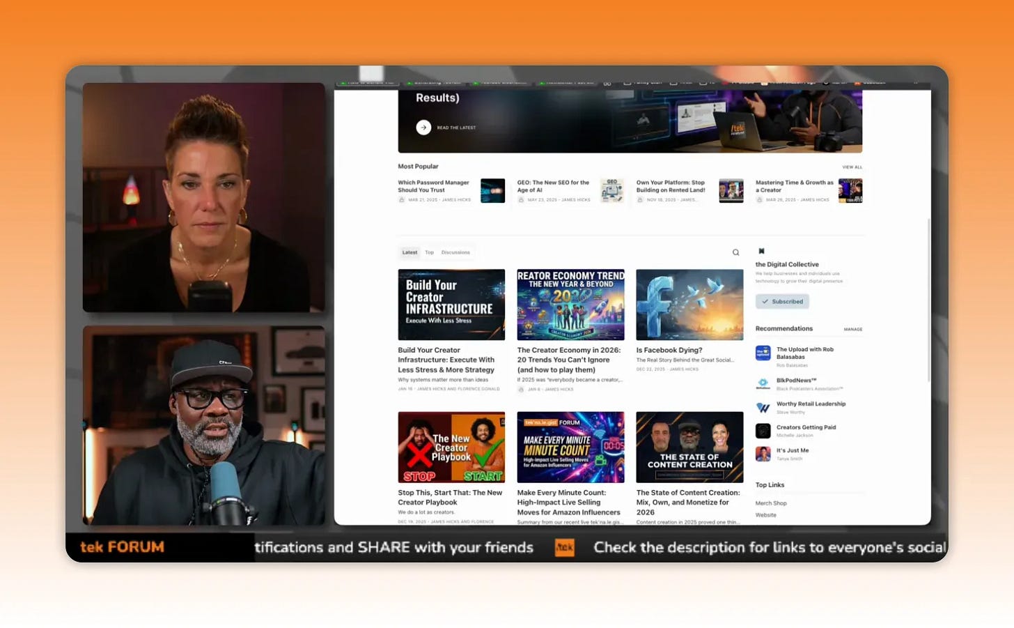 Crisp screenshot of a newsletter-style homepage showing a grid of article cards, sidebar recommendations, and two livestream video panels at left.