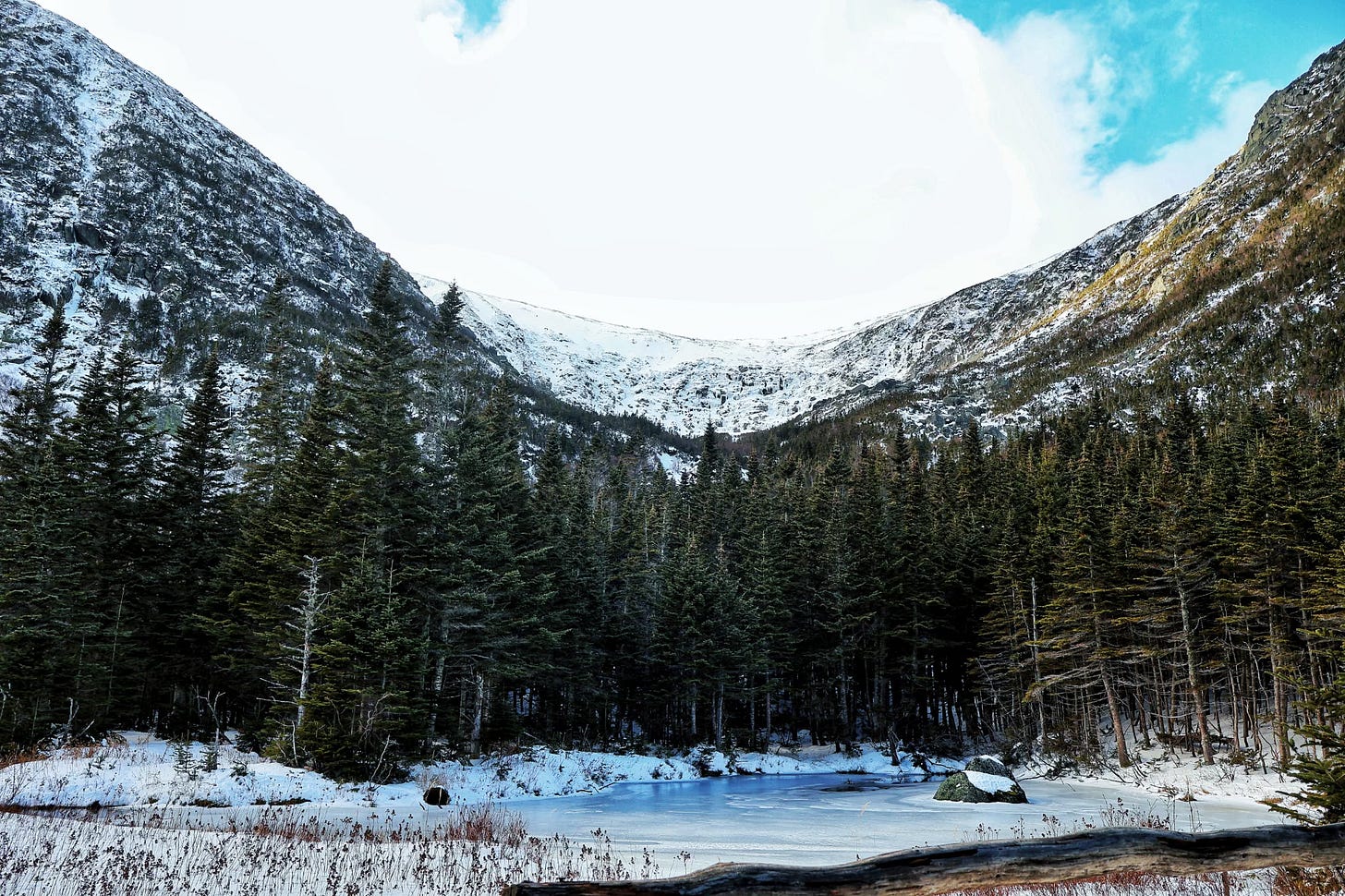 View of Tuckerman Ravine from Hermit Lake in the White Mountains of New Hampshire. 