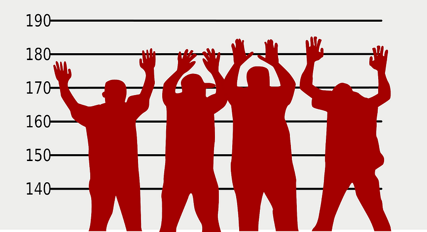 drawing of four people in a police lineup (grammar police)