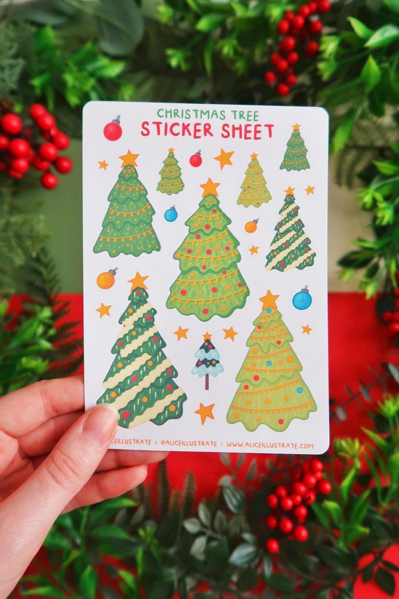 Christmas Trees Sticker Sheet Holiday Festive Seasonal Gift Xmas Stocking Filler for Bujo Scrapbook Bullet Journal Diary Planner image 1