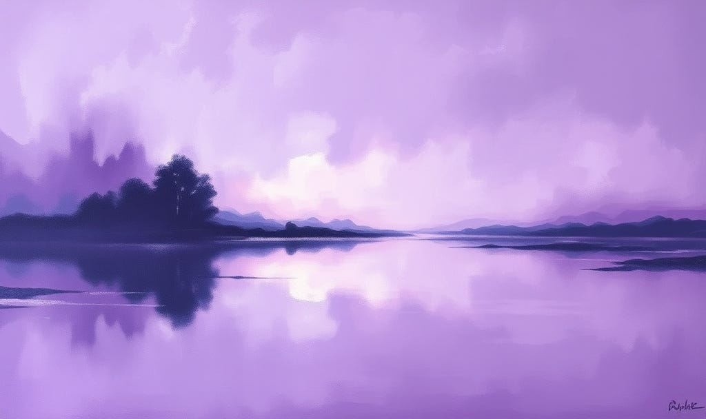 Abstract painting of a landscape reflection on water in purple tones