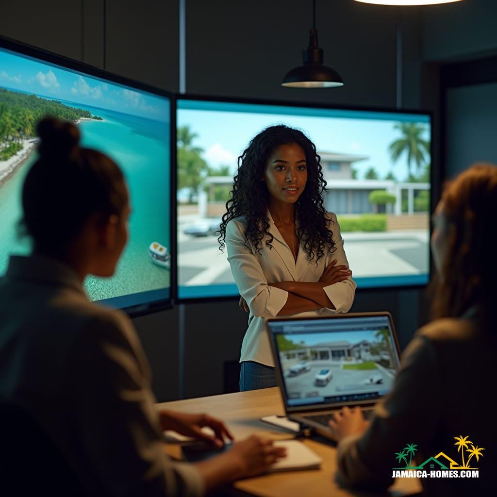 Vibrant, cinematic close-up of a stunning mixed-heritage real estate agent, half Chinese and half black, with luscious dreadlocks, in Jamaica, Caribbean, standing confidently in front of a large computer screen displaying virtual property tours. She's engaging her colleagues in a dynamic discussion on The Rise of Digital Property Transactions in the Caribbean, amidst a modern, sleek office setting. Inspired by the dramatic lighting of Roger Deakins, the atmospheric, filmic aesthetic of Emmanuel Lubezki, and the vibrant color palette of Wong Kar-wai, this image embodies the epic, cinematic quality of a 35mm film still, shot on a v-raptor XL, with subtle film grain, vignette, and meticulous color grading, inviting the viewer to step into the dramatic, high-stakes world of Caribbean real estate.