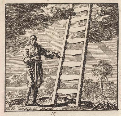 Man points to a ladder that reaches to heaven. Origin: Amsterdam. Date: 1710. Object ID: RP-P-1896-A-19368-2515.