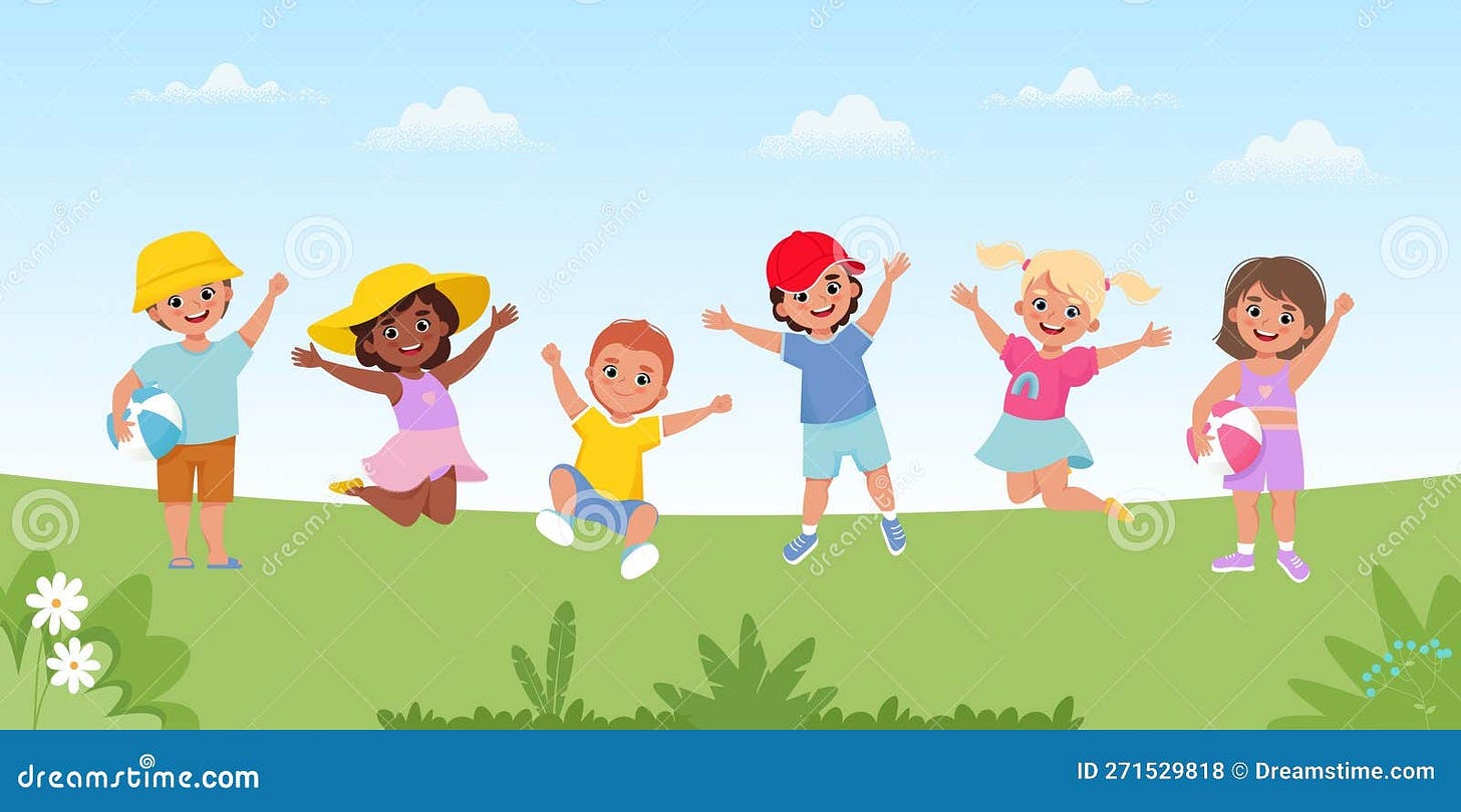 Children Jumping at Summer Background. Happy Kids Playing, Fun ...