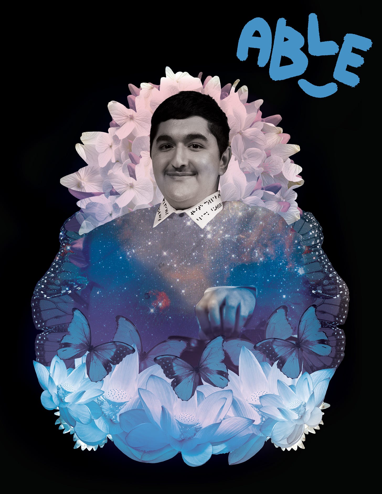 An image of the able zine magazine cover which features a black background, the logo in blue and in the centre is Deniz Eskisan in a powerchair, surrounded by flowers and butterflies.
