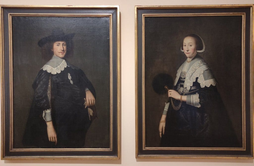 A painting of married man and woman, separate but painted and arranged such that the man faces right and the woman left, so that they complement one another A painting of married man and woman, separate but painted and arranged such that the man faces right and the woman left, so that they complement one another