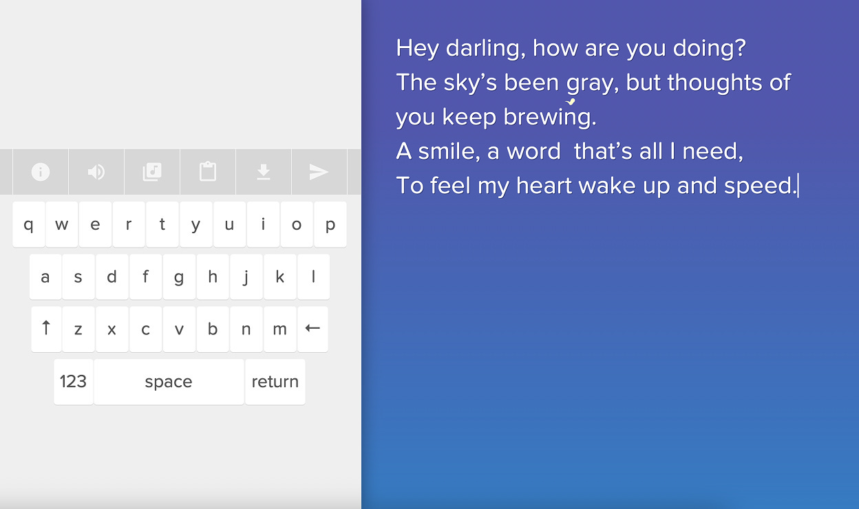 The UI of Typatone with a love poem.