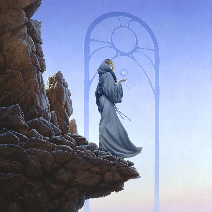 LEFT: Detail from PASSAGE: VERGE featuring a mysterious woman in hooded robes standing at a rocky ledge. The hem of her robe sweeps in front of her, suggesting momentum off the edge of the rock. In the powder blue sky behind her rises a tall arch with a circle held at the top center held by elegantly curving supports.  RIGHT: Figure detail from PASSAGE: VERGE featuring a mysterious woman in pale gray robes. Her hood slides back to reveal her blonde hair. She holds out her hand and above it levitates a solitary flame contained in a transparent vessel.