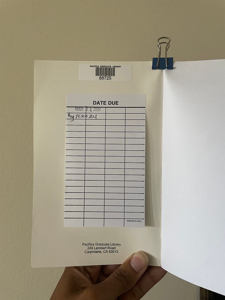 The left image is the front cover of Illumination: A Living Voice by bell hooks and James Hillman. The cover is blue with a grayscale image of James Hillman, the same man from the previous gallery. The right image is a picture of the book's due slip showing its first checkout date was March 24, 2024 and it's second was August 112. 2024.