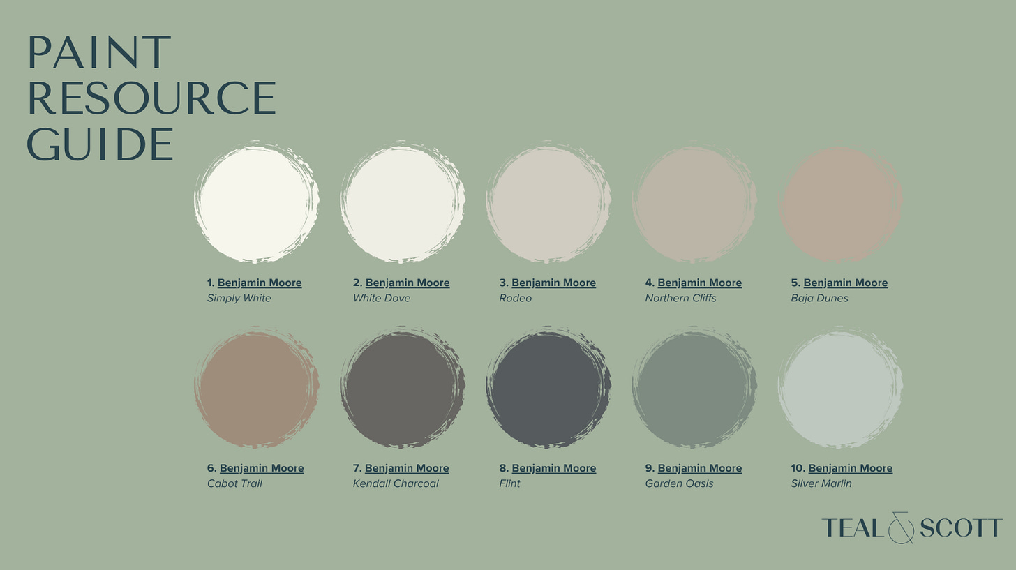 Benjamin Moore, paint, paint colors, 2025 paint colors, mauve paint, white paint, white dove paint, simply white, Kendall charcoal, flint, cabot trail, paint resource guide, resource guide, interior design guide, interior design paint help