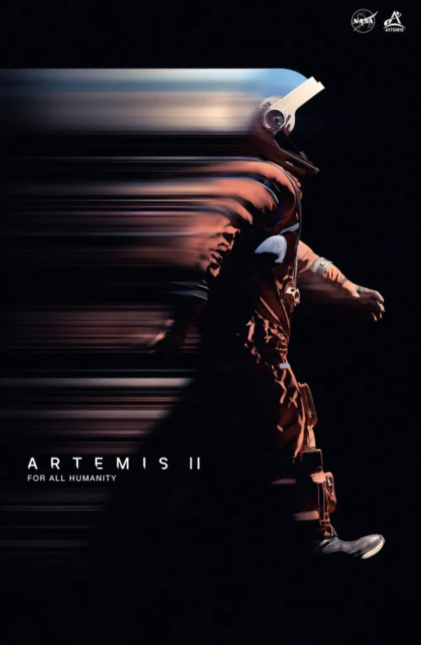 A vertical promotional poster with a black background featuring a full-length photograph of an astronaut in an Orion Crew Survival System (OCSS) spacesuit walking to the right, heavily affected by motion blur to create horizontal streaks. Only the front edge of the suit, the details of the gloves, boots, and a portion of the helmet are in focus, while the rest of the figure is blurred into horizontal streaks of orange, black, and light gray. In the top right corner are the white logos for NASA and Artemis. In the lower-left corner is white text that reads: ARTEMIS II FOR ALL HUMANITY.