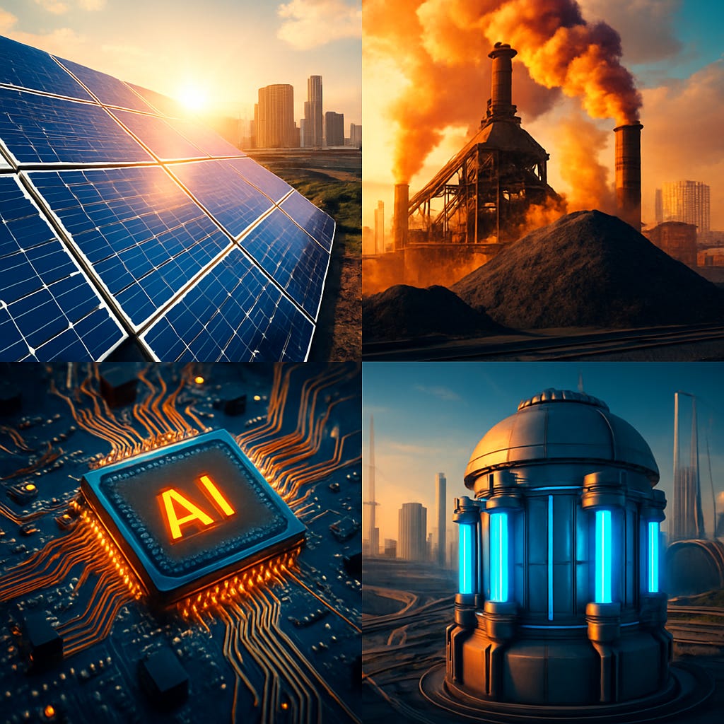 Illustration: Solar panels, coal-powered steel, AI chips, and nuclear energy shaping modern infrastructure.