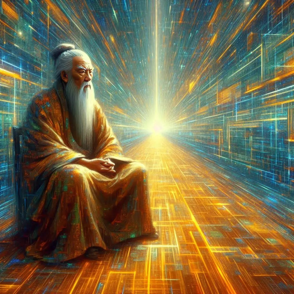 Confucius stares into a long and lonesome skyway as digital enlightenment descends upon him. Slight impressionist style.16:9 resolution.