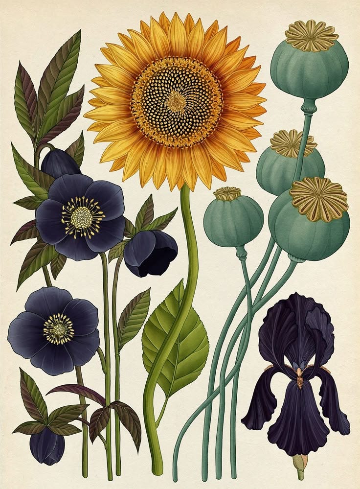This may contain: an illustration of sunflowers and other flowers