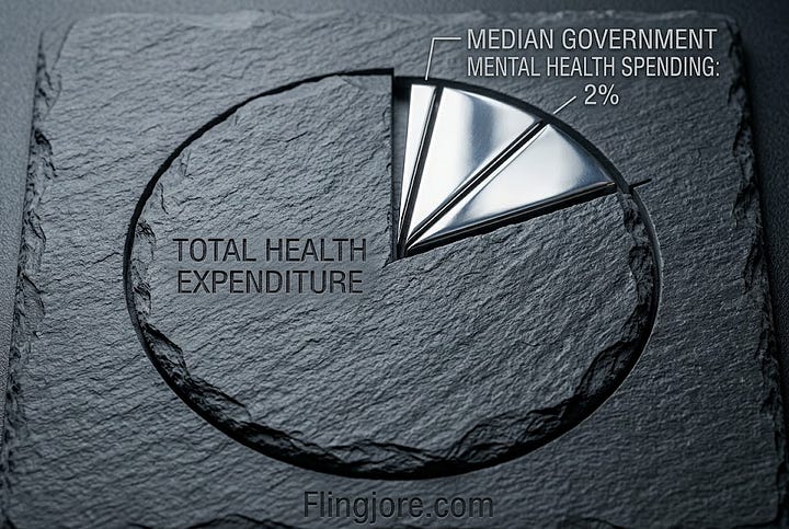 An editorial infographic displaying a vertical bar chart and data visualizations that compare the 1990 global mental health case count against the 2023 surge, emphasizing the 95.5% increase and the $1 trillion annual global economic impact.