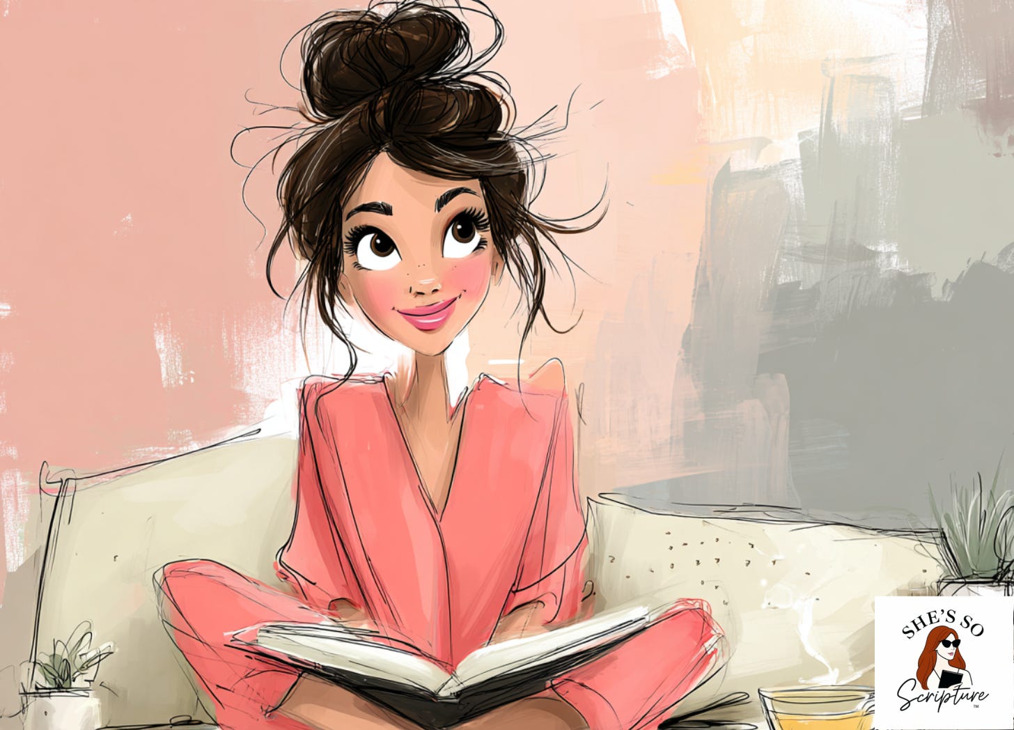 Illustrated woman reading her Bible intently while sitting in warm afternoon light, surrounded by soft blush and cream tones. Illustrated woman reading her Bible intently while sitting in warm afternoon light, surrounded by soft blush and cream tones.