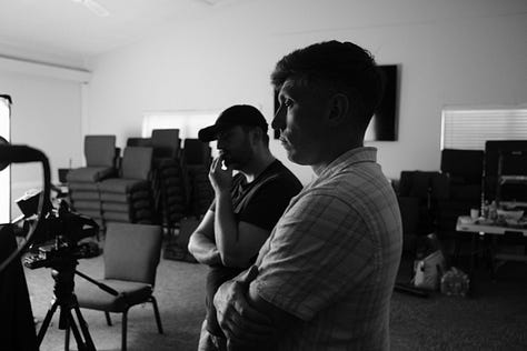 9 photos from the interview day with David. Photos feature Claire, Murray, Garrett, Jody, & David on set in the church sanctuary.