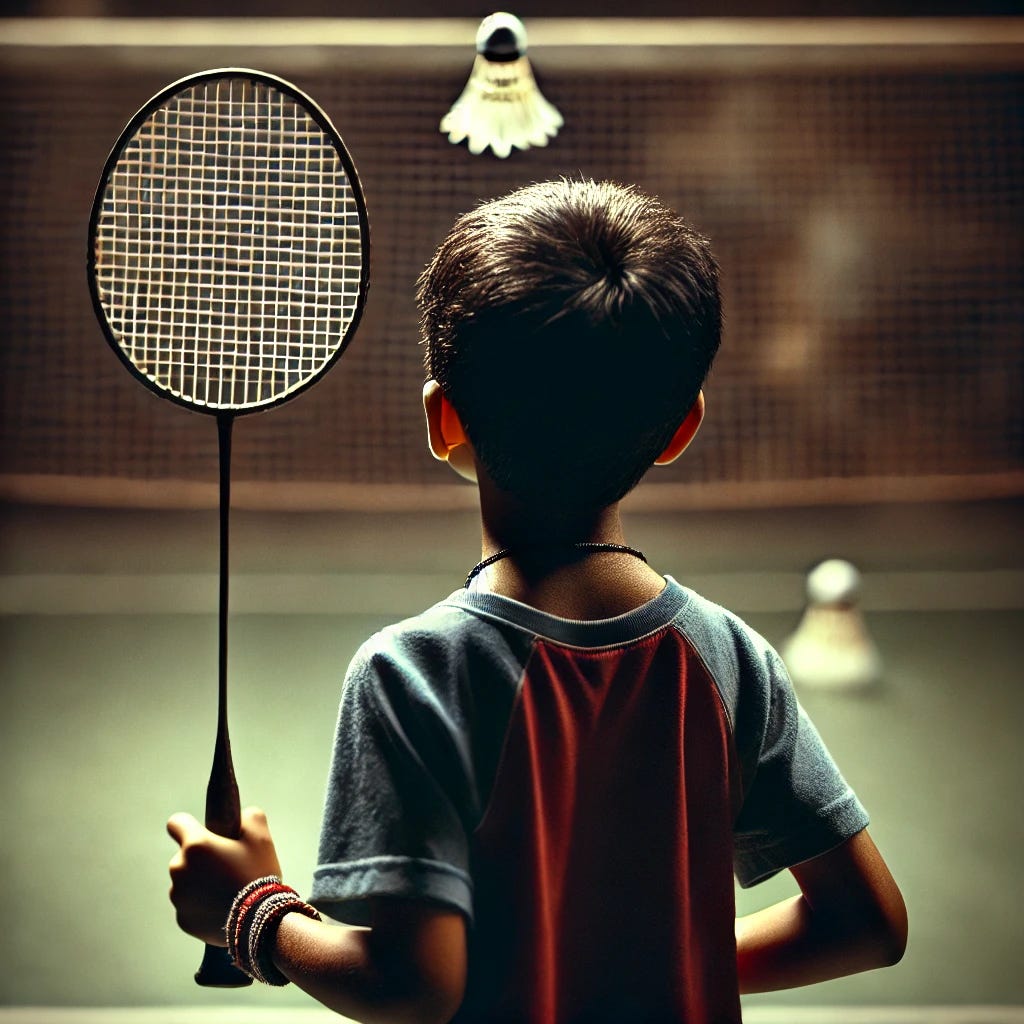 An Indian boy, about six years old, from Kerala, standing with his back to the viewer, holding a badminton racquet with broken strings in his right hand. The boy has a dark complexion, even darker than before, and is wearing casual sportswear. His head is held high, and he is looking towards a shuttlecock coming towards him, preparing to hit it with his right hand. His stance reflects anticipation and readiness on an indoor badminton court, with some scattered equipment in dim lighting.