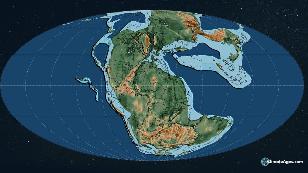 Reconstruction of Earth during the Late Triassic, about 201 million years ago, showing the supercontinent Pangaea surrounded by the vast Panthalassan Ocean. Continents are joined into a single landmass with shallow seas along the margins. The map highlights the global ocean environment where changes in oxygen levels may have begun millions of years before the end-Triassic mass extinction.