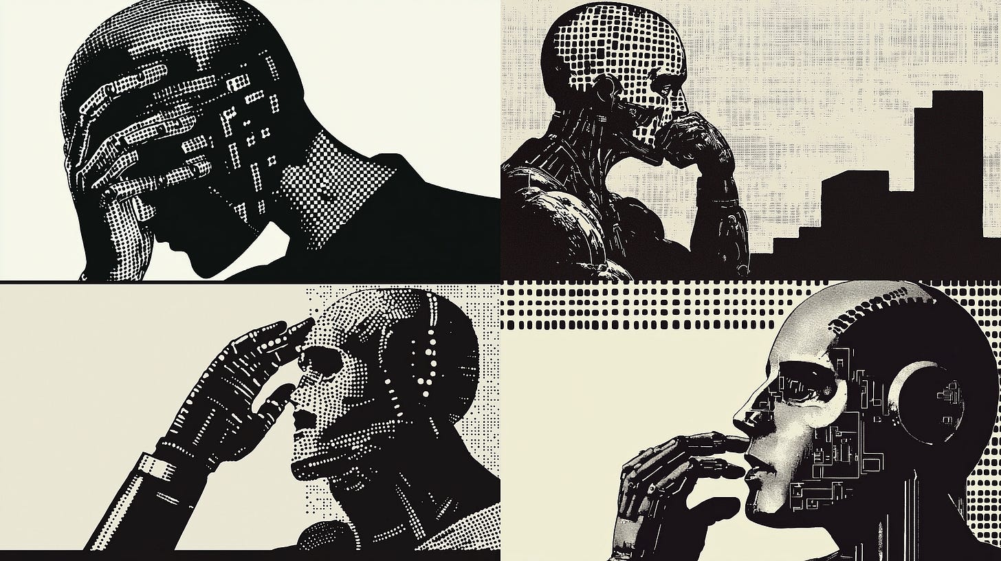 Grid 1 (original). /imagine prompt: an illustration of a cyborg thinking to destroy humanity — sref 4188538948 — sw 100 — ar 16:9 — v 6.1 Grid 1 (original). /imagine prompt: an illustration of a cyborg thinking to destroy humanity — sref 4188538948 — sw 100 — ar 16:9 — v 6.1