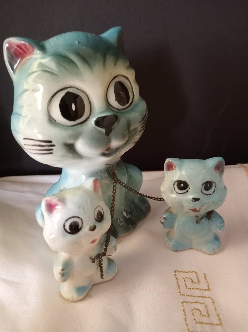 Kitschy Anthropomorphic Mama Cat and Two Kittens on Chain image 1