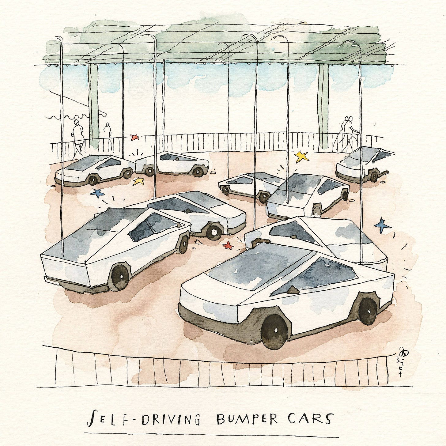 An illustration depicting Cybertrucks as bumper cars. The caption reads, “Self-driving bumper cars.”
