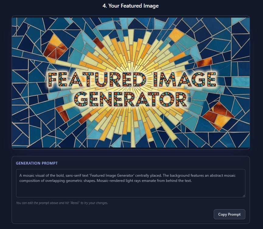 A mosaic visual of the bold, sans-serif text 'Featured Image Generator' centrally placed. The background features an abstract mosaic composition of overlapping geometric shapes. Mosaic-rendered light rays emanate from behind the text. A mosaic visual of the bold, sans-serif text 'Featured Image Generator' centrally placed. The background features an abstract mosaic composition of overlapping geometric shapes. Mosaic-rendered light rays emanate from behind the text.