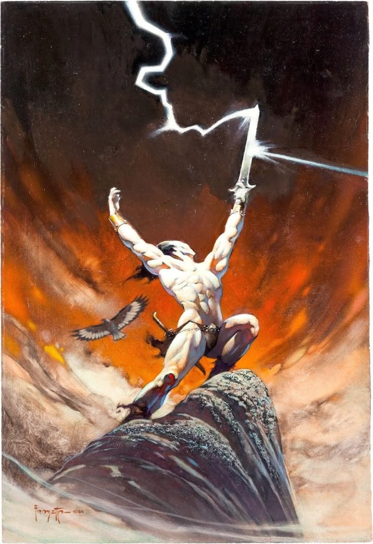 A painting of a muscular man on a mountain top reaching his sword aloft to catch a lightning strike. A hawk flies behind him. By Frank Frazetta.