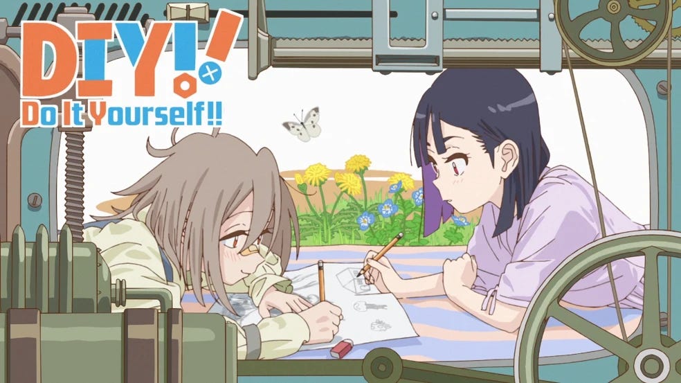 Yua and Purin doodling on a page with a mechanical frame on the edges of the screen.
