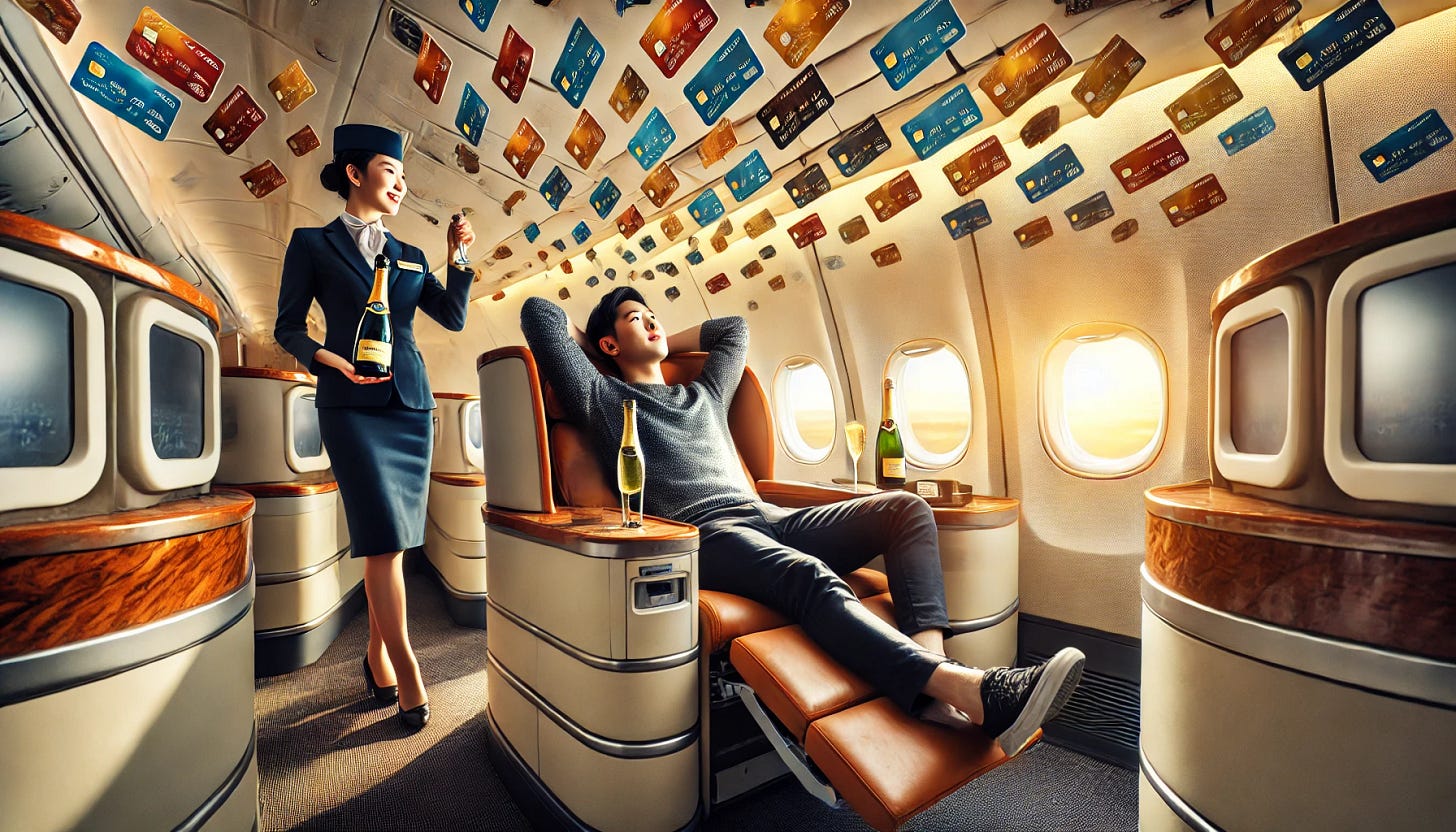 A wide image showing an Asian man reclining comfortably in a business class airplane seat, hands behind his head, leaning back in a relaxed position. An airline stewardess is standing beside him, handing him a bottle of champagne as part of a celebration. Credit cards in different colors are raining down from the ceiling like confetti, filling the air in a surreal manner. The luxurious business class cabin has wide reclining leather seats and the warm light from a sunset coming through the window, creating a celebratory and opulent atmosphere.