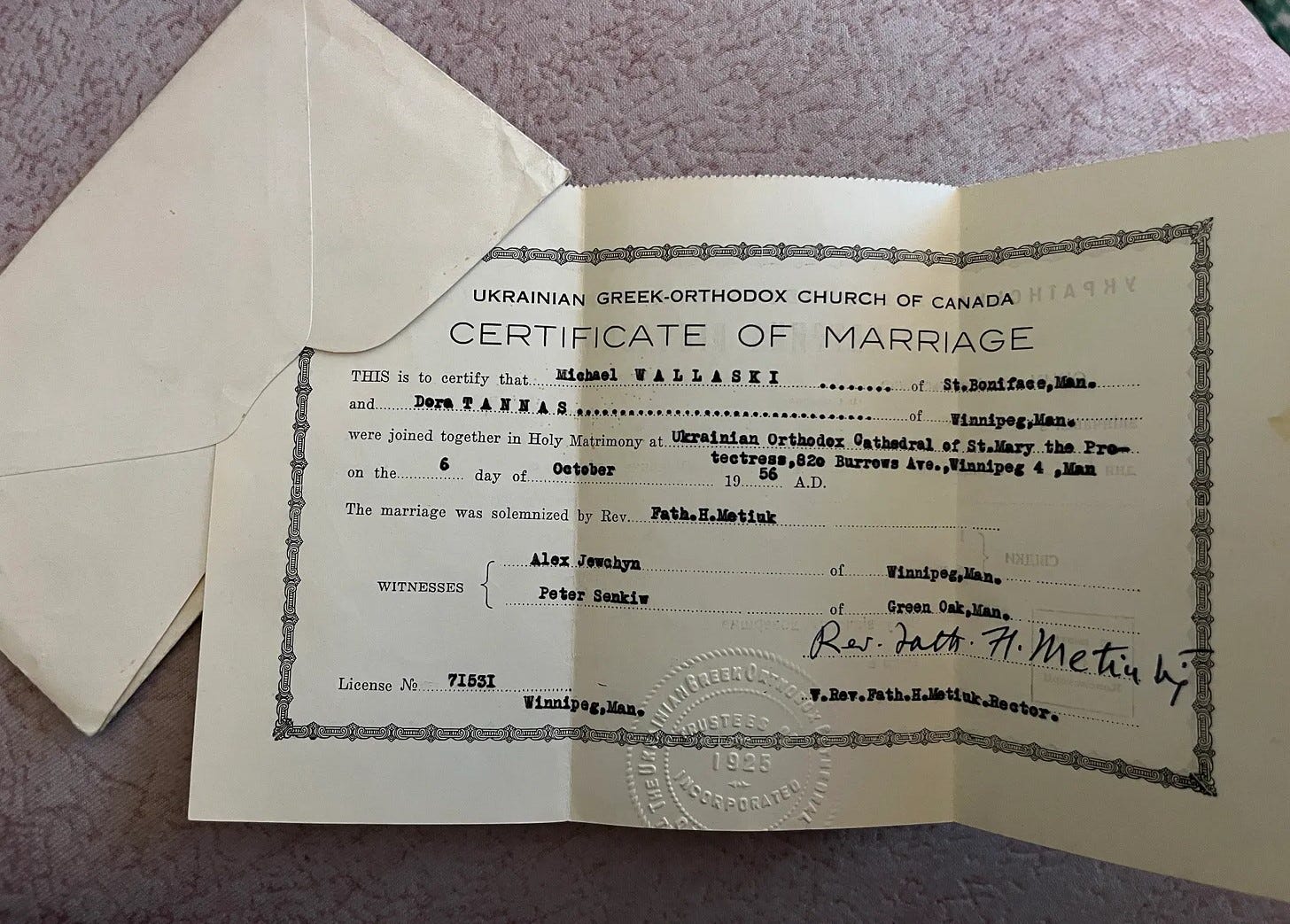 Certificate of Marriage. Michael Wallaski and Dora Tannas. 6 October 1956.