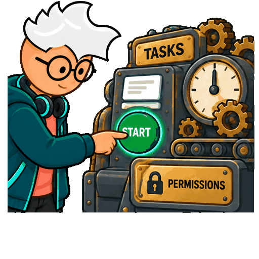 AI Buzz programmer mascot starts a persistent task machine and checks a completed task with permissions intact.