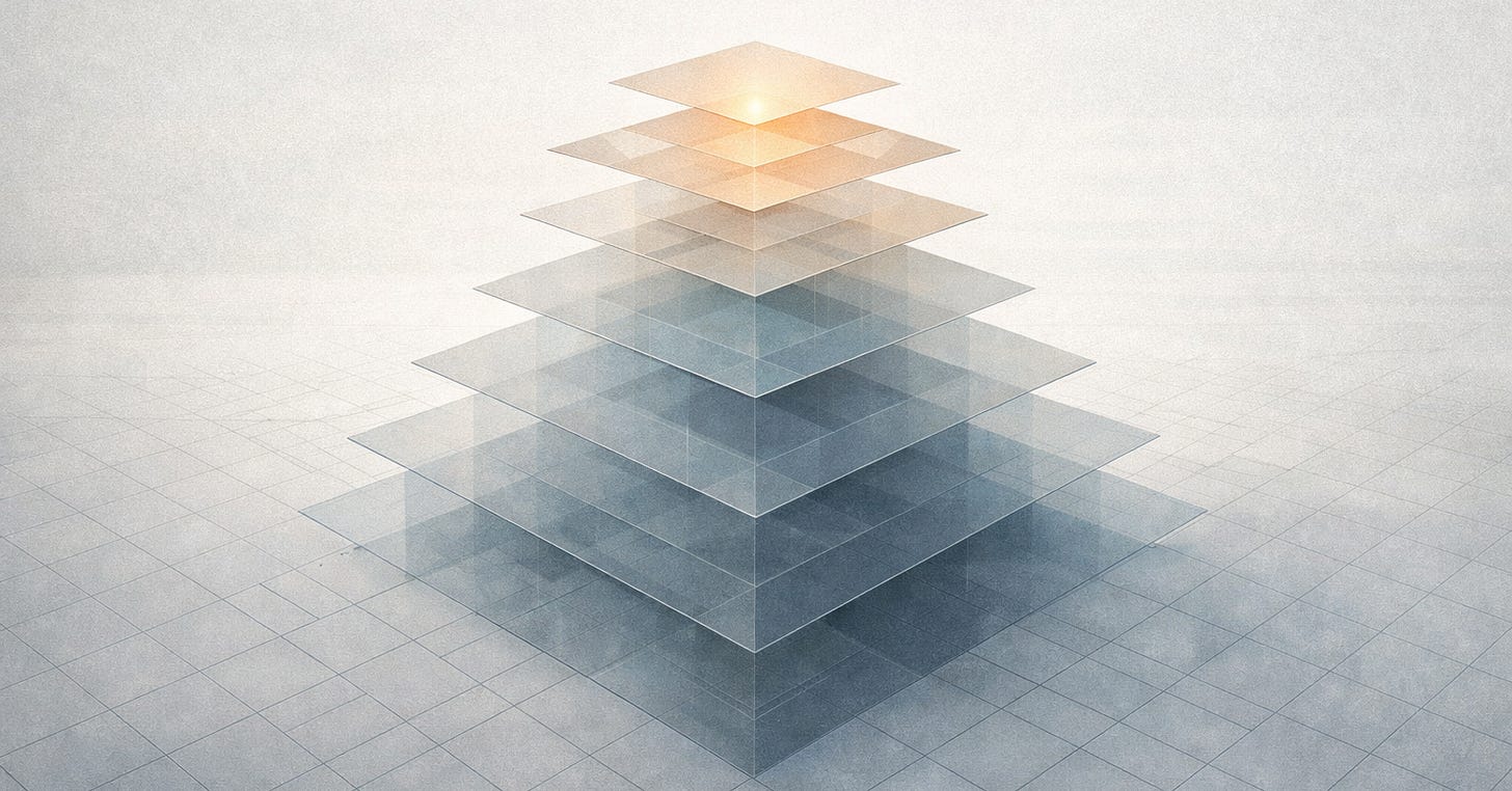 A glass-like pyramid with yellow light coming through the top. 