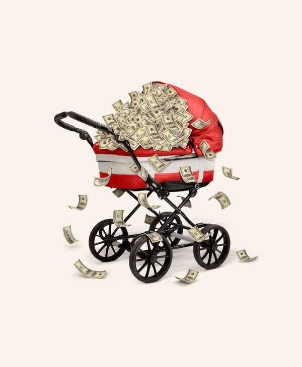 A photo illustration shows a bassinet stroller overflowing with cash. A photo illustration shows a bassinet stroller overflowing with cash.