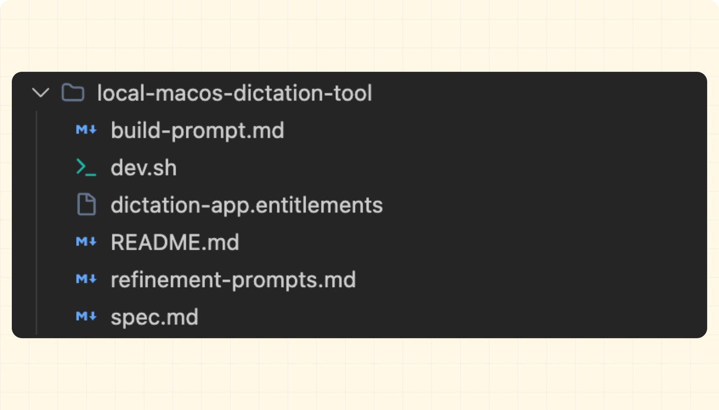 Download folder containing the README, spec, build prompt, dev script, entitlements file, and refinement prompts for the local dictation app. Download folder containing the README, spec, build prompt, dev script, entitlements file, and refinement prompts for the local dictation app.