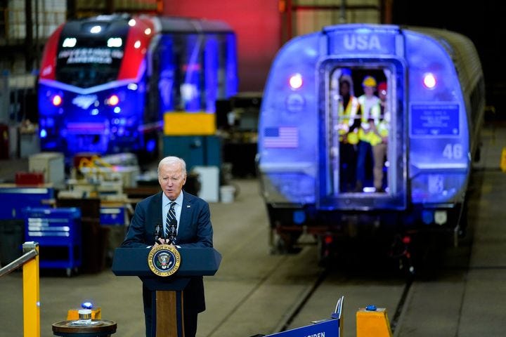 President Joe Biden speaks at the Amtrak Bear Maintenance Facility on Monday in Bear, Delaware. President Joe Biden speaks at the Amtrak Bear Maintenance Facility on Monday in Bear, Delaware.