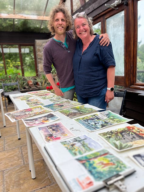 Watercolour paintings, a vizla painting, sketchbook pages by Jo Scott and an in progress tutorial by Tom Shepherd